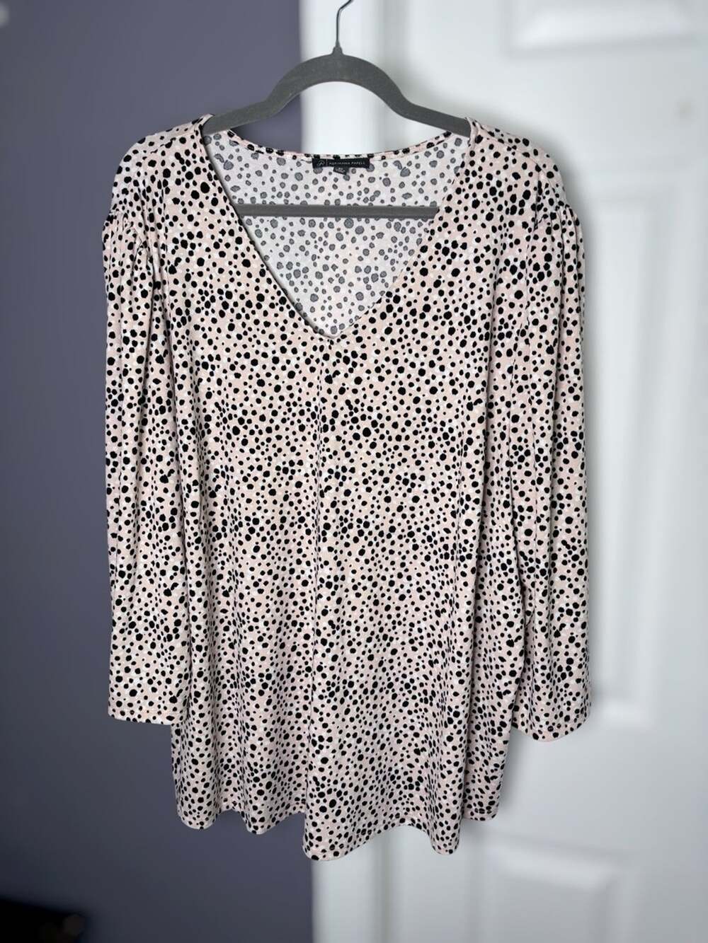 Adrianna Papell Tan Black White Polka Dot V Neck Blouse 3X